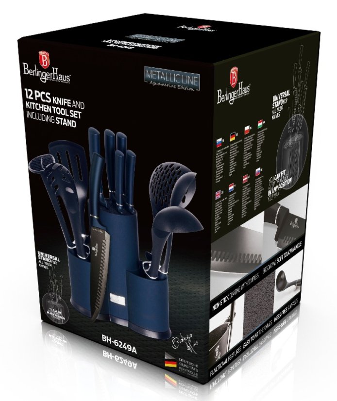 Sada nožů a kuchyňského náčiní ve stojanu 12 ks Aquamarine Metallic Line