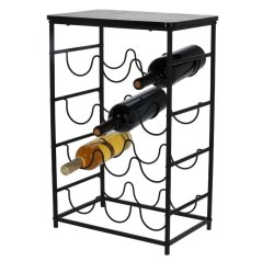 Rack de vin din metal și rack de vin de acacia pentru 12 sticle negru