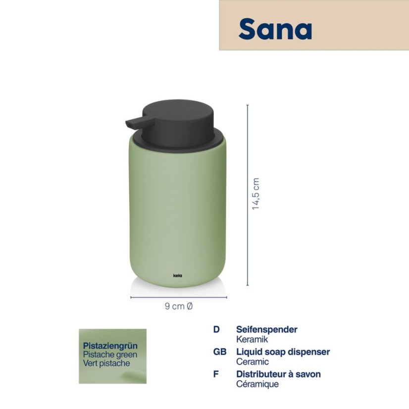 Dávkovač mýdla Sana keramika pistáciově zelená 14,5 x 9 cm 300 ml