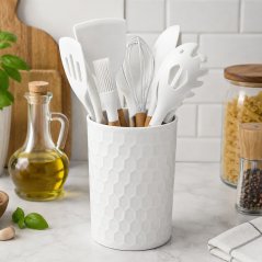 Set de 12 ustensile de bucătărie cu mâner din bambus, în suport, 32 cm, alb