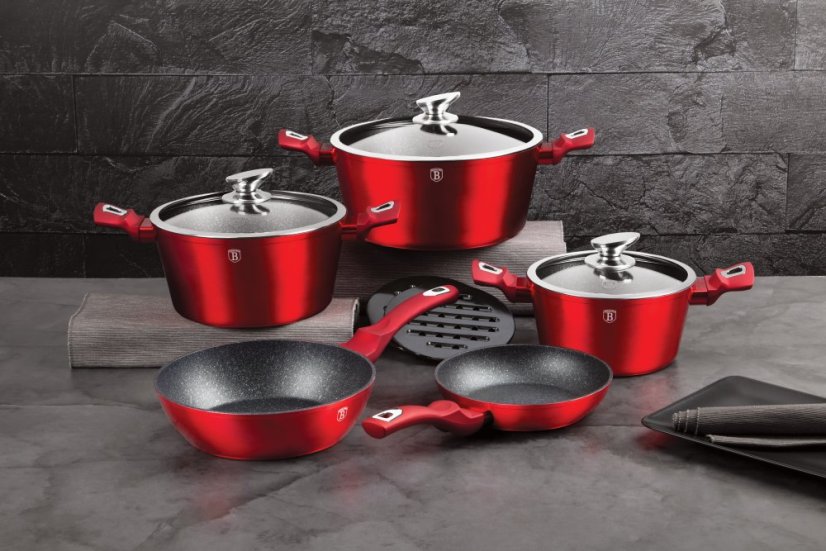 Sada nádobí s mramorovým povrchem 10 ks Burgundy Metallic Line