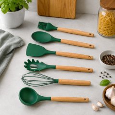 Ustensile de bucătărie cu mâner din bambus, în suport, 12 bucăți, 32 cm, verde mentă