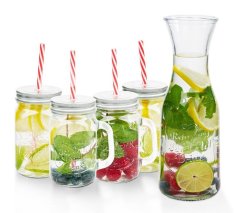 Poháre s viečkom, slamkou a karafou sada na limonádu 5 ks
