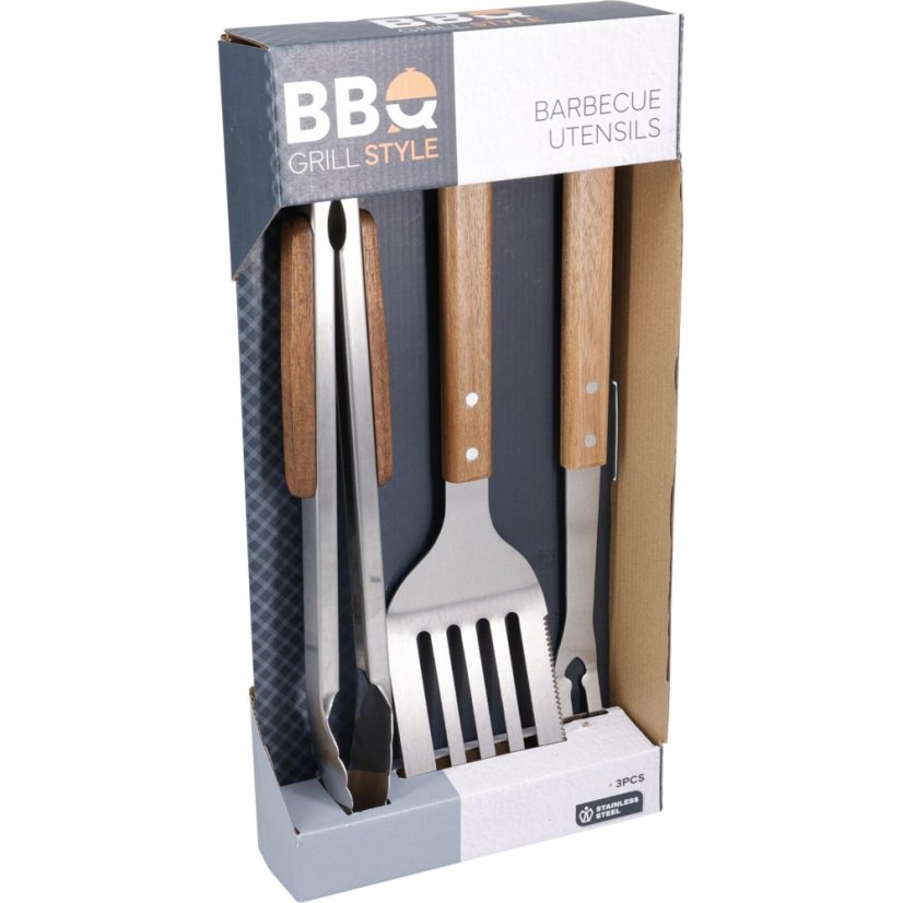 Set de unelte pentru grătar din 3 bucăți lemn-oțel inoxidabil
