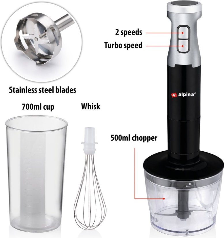 Tyčový mixér sada 4v1 nerez ocel 1000W
