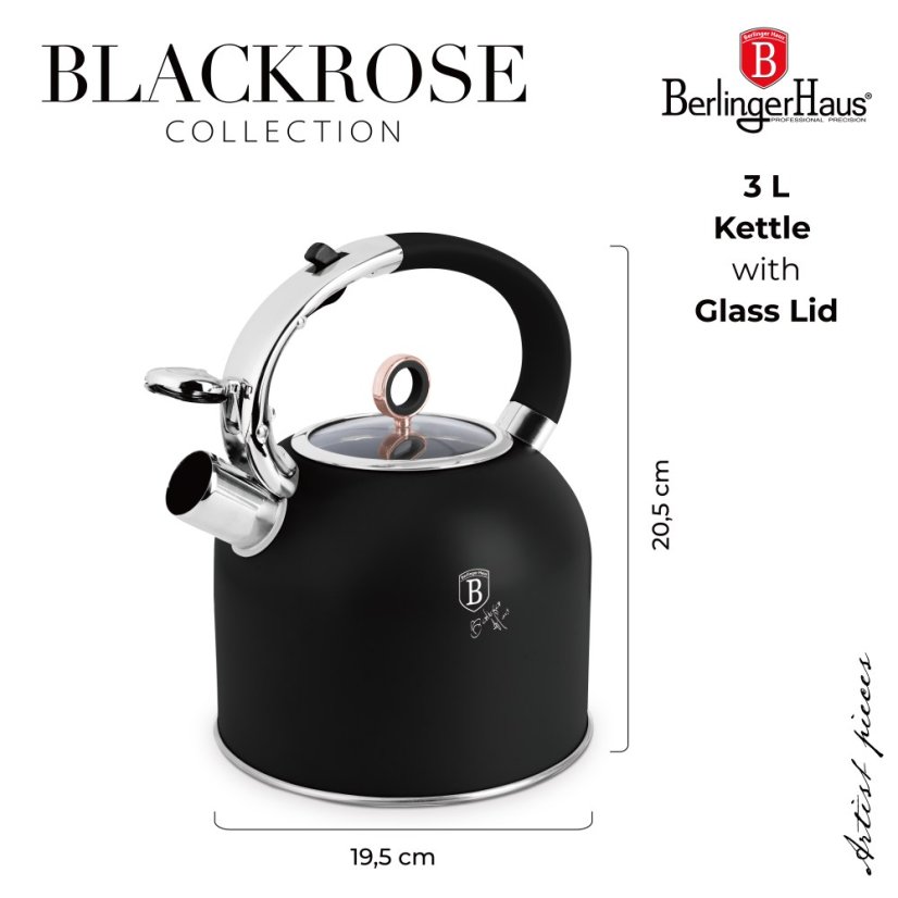 Ceainic cu capac de sticlă, 3 l, colecția Black Rose