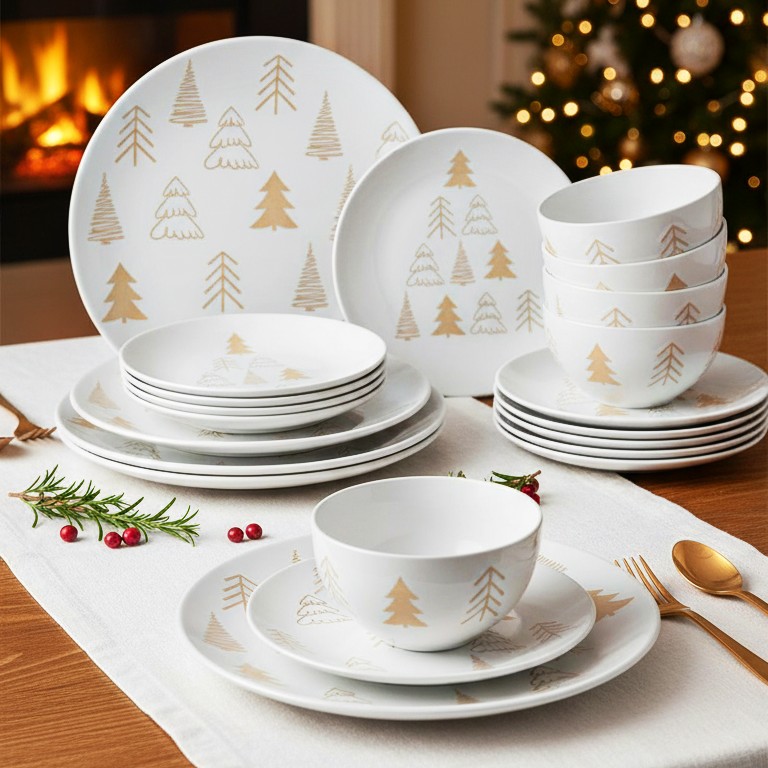 Set farfurii de masă Crăciun 18 buc Copaci albi