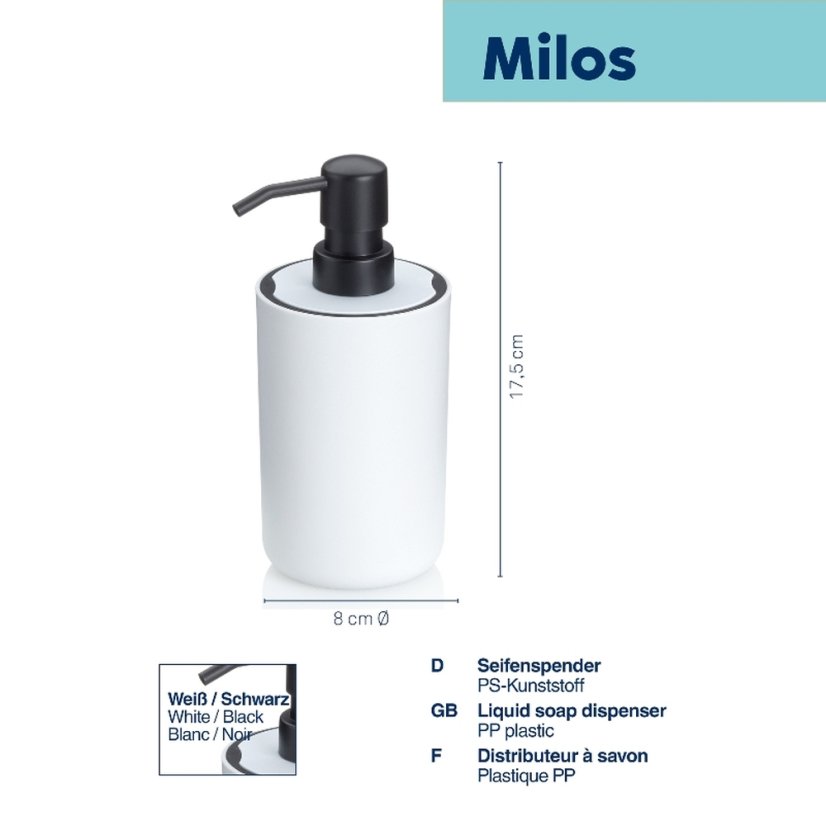 Dávkovač mydla Milos z plastu, 17,5 cm, bielo-čierny