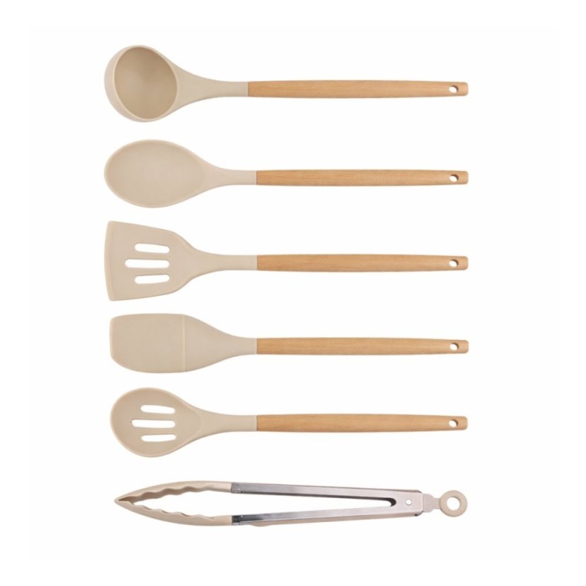 Set de 12 ustensile de bucătărie cu mâner din bambus, în suport, 32 cm, bej