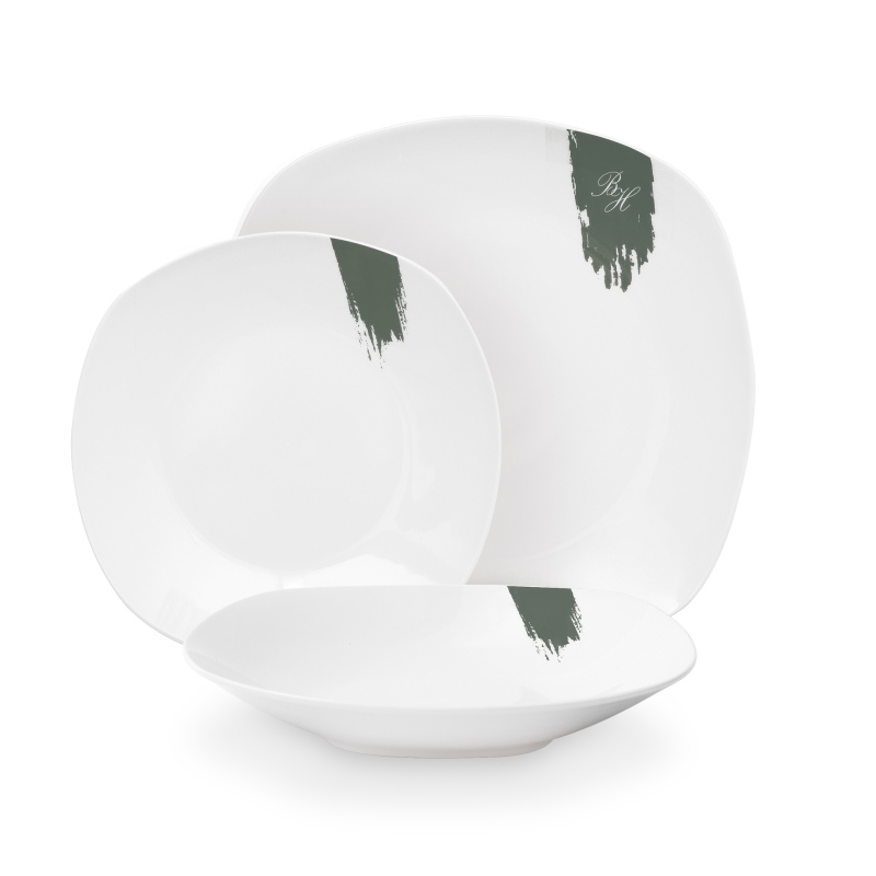 Jídelní sada talířů 18 ks Matte Green Collection bílá-zelená