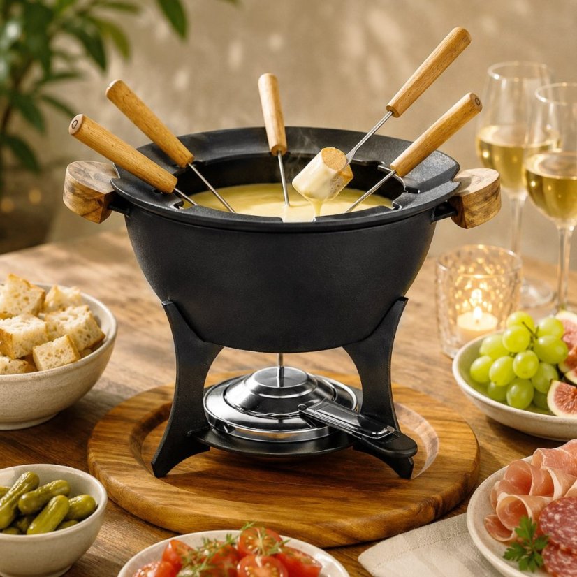 Fondue sada COUNTRY, 11-dielna, liatina / drevo