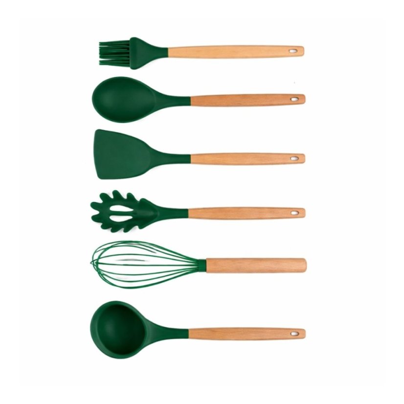Kuchyňské náčiní s bambusovou rukojetí ve stojanu 12 ks 32 cm mátově zelená