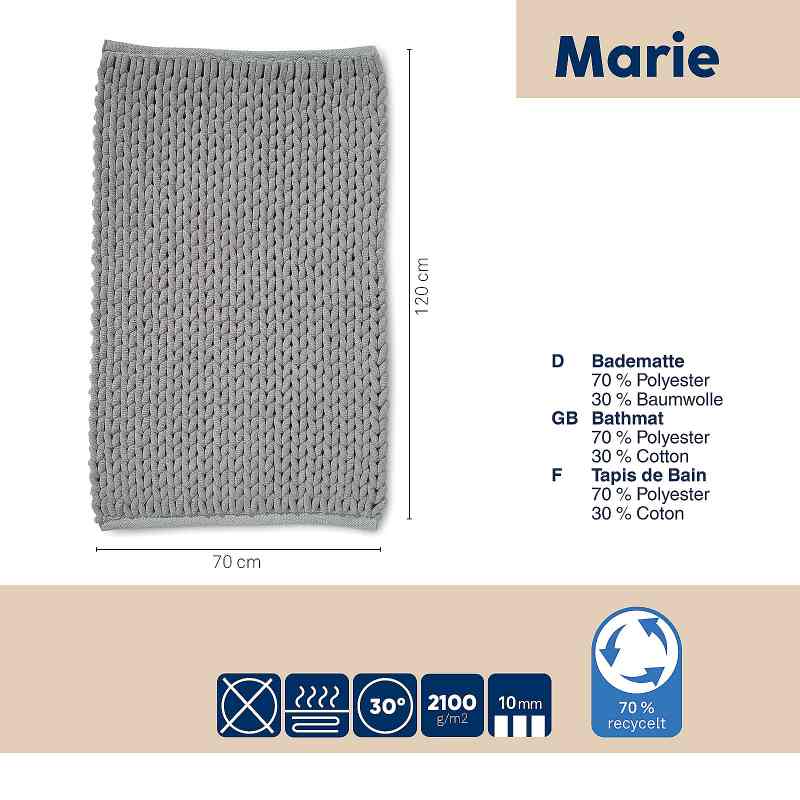 Alfombrilla de baño MASHA 70% PES reciclado/30% algodón gris claro 120x70x2 cm