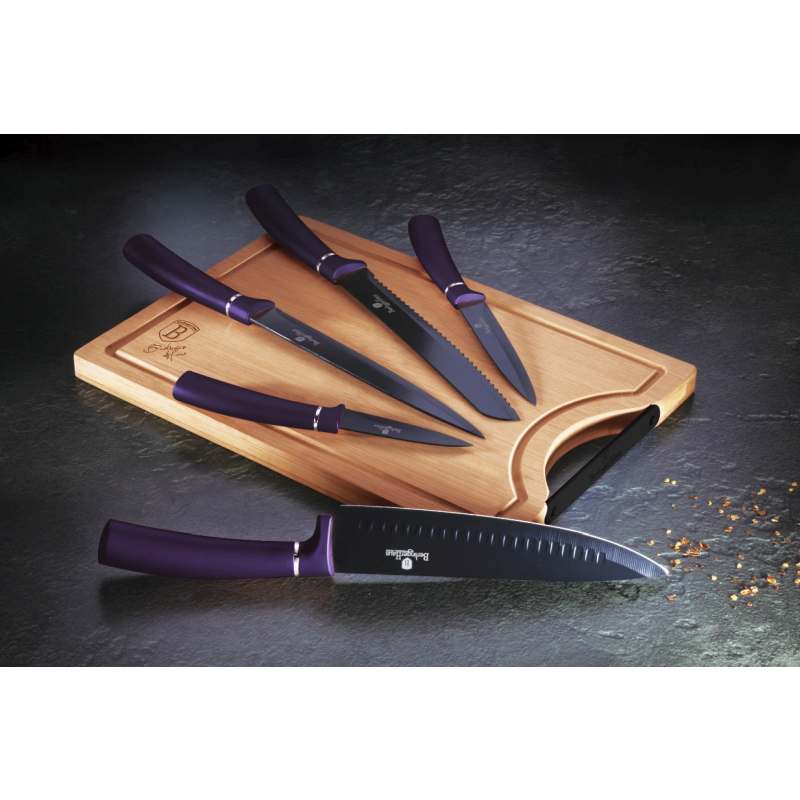 Sada nožů s nepřilnavým povrchem + prkénko 6 ks Purple Metallic Line