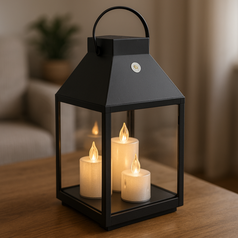 Čierny lampáš s 3 LED sviečkami 25 cm