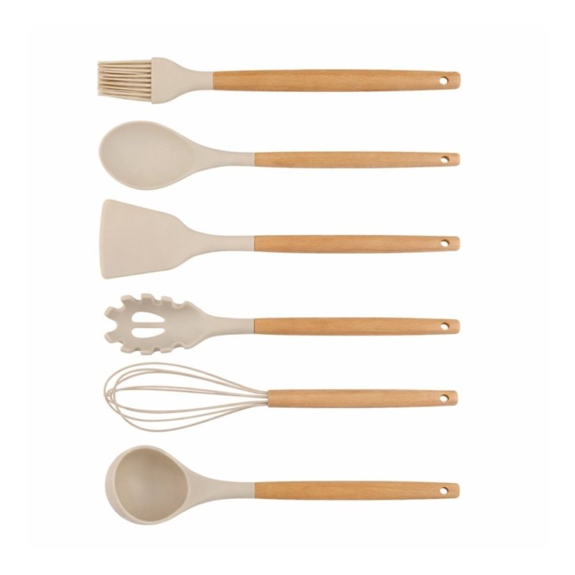 Set de 12 ustensile de bucătărie cu mâner din bambus, în suport, 32 cm, bej