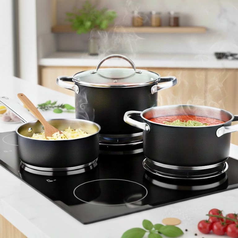 Batería de cocina de acero inoxidable 5 piezas Ronda negro