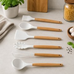 Set de 12 ustensile de bucătărie cu mâner din bambus, în suport, 32 cm, alb