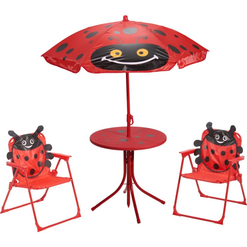 Záhradný nábytok detský stôl, 2 stoličky + slnečník s motívom berušky