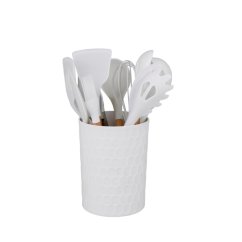 Utensilios de cocina con mango de bambú en un soporte, 12 unidades, 32 cm, blanco