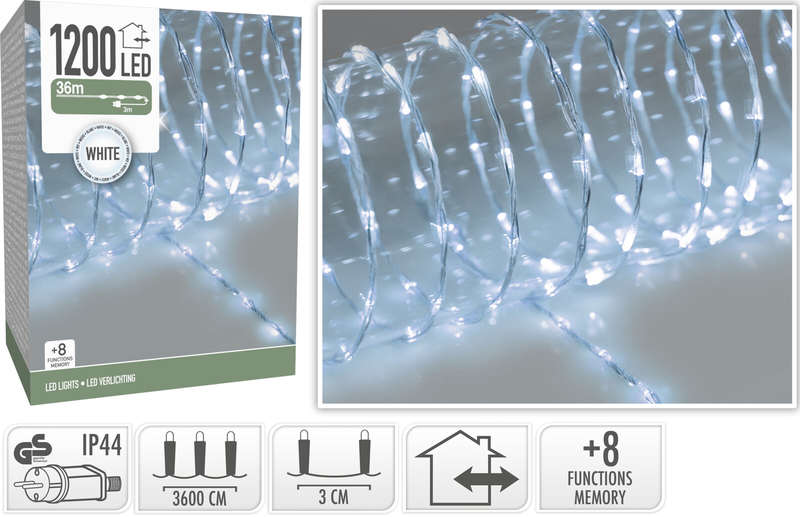 Vianočná svetelná reťaz studená biela 1200 LED / 36 m