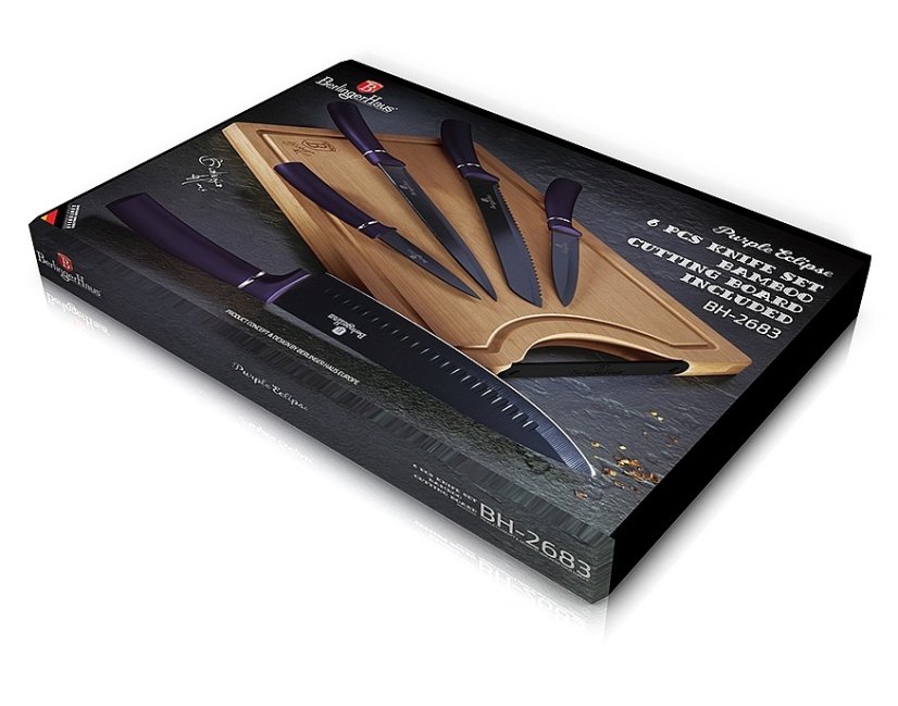 Sada nožů s nepřilnavým povrchem + prkénko 6 ks Purple Metallic Line