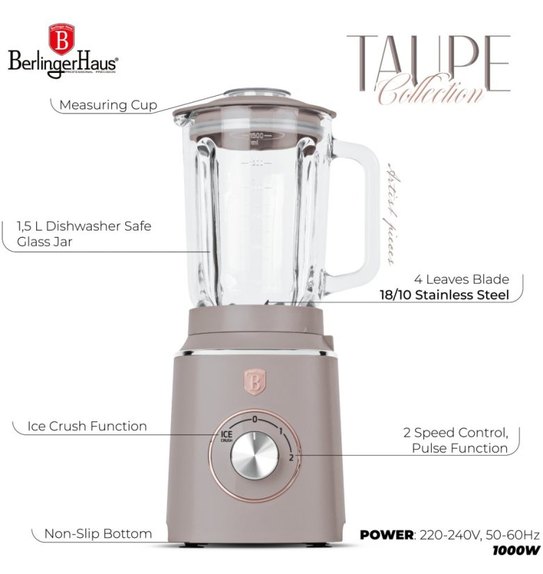 Blender de masă cu recipient din sticlă 1,5 L 1000 W Colecția Taupe