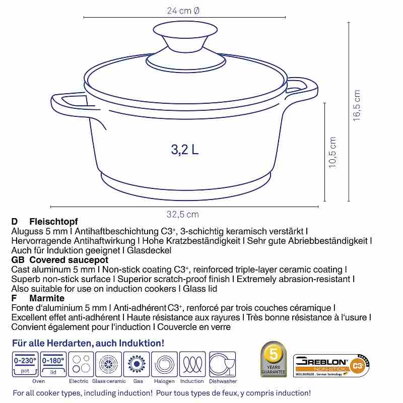 Kastrol s nepřilnavým povrchem KERROS 24 cm / 3,2 l