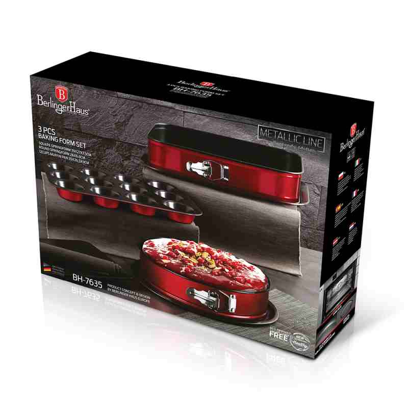 Sada pečicích forem s titanovým povrchem 3 ks Burgundy Metallic Line muffin