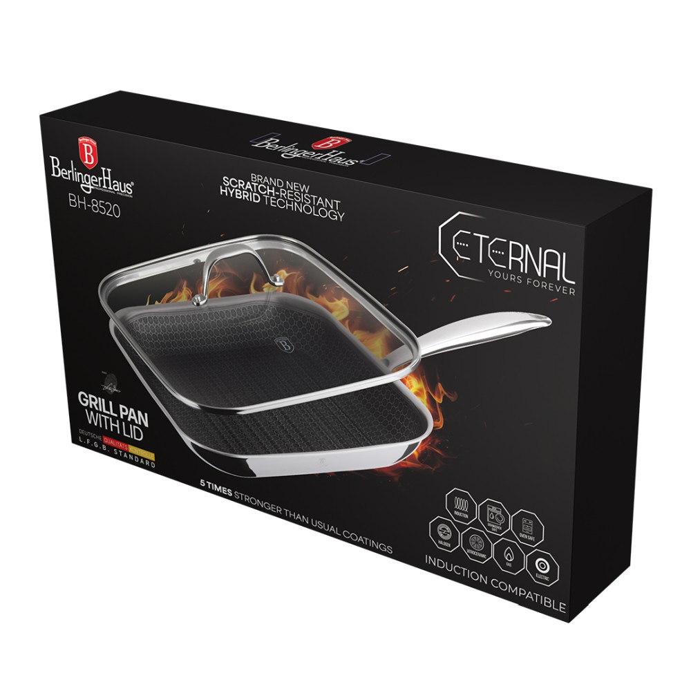 BERLINGERHAUS Pánev grilovací nerezová s nepřilnavým povrchem a víkem 28 cm Eternal Collection BH-8520