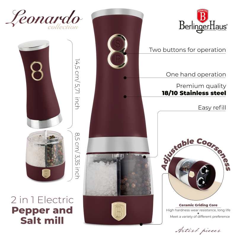 BERLINGERHAUS Mlýnek na pepř a sůl elektrický 2v1 Leonardo Collection BH-9644