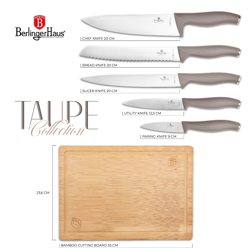 BERLINGERHAUS Sada nožů s prkénkem 6 ks Taupe Collection BH-2967