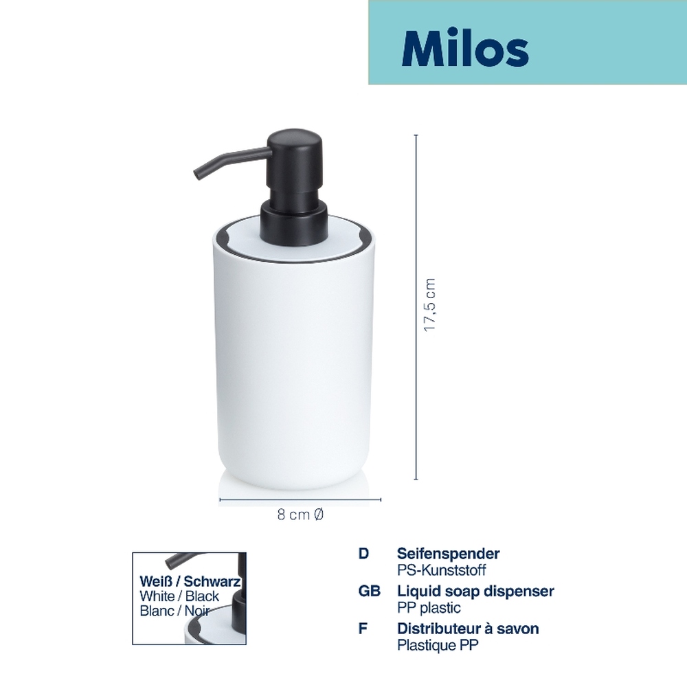 KELA Dávkovač mýdla Milos plast 17,5 cm bílo-černá KL-24315