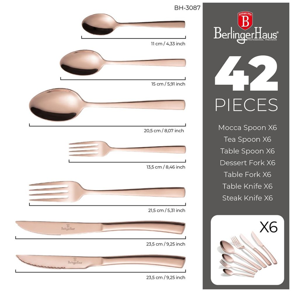 BERLINGERHAUS Sada příborů se steakovým nožem 42 ks nerez leštěný povrch Rosegold Collection BH-3087