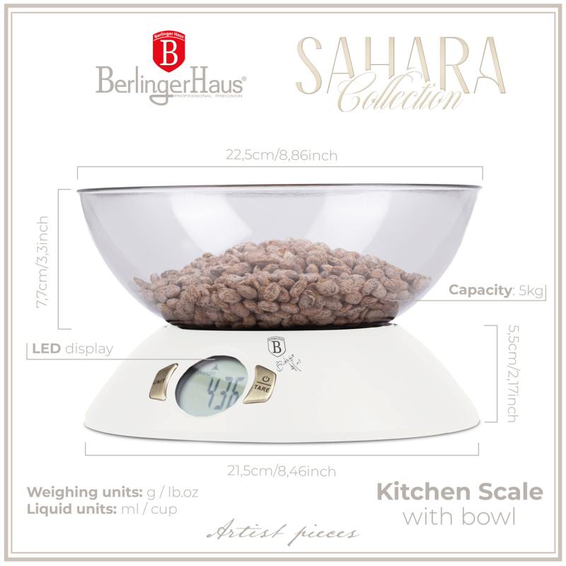 BERLINGERHAUS Váha kuchyňská digitální 5 kg s miskou Sahara Collection BH-9617