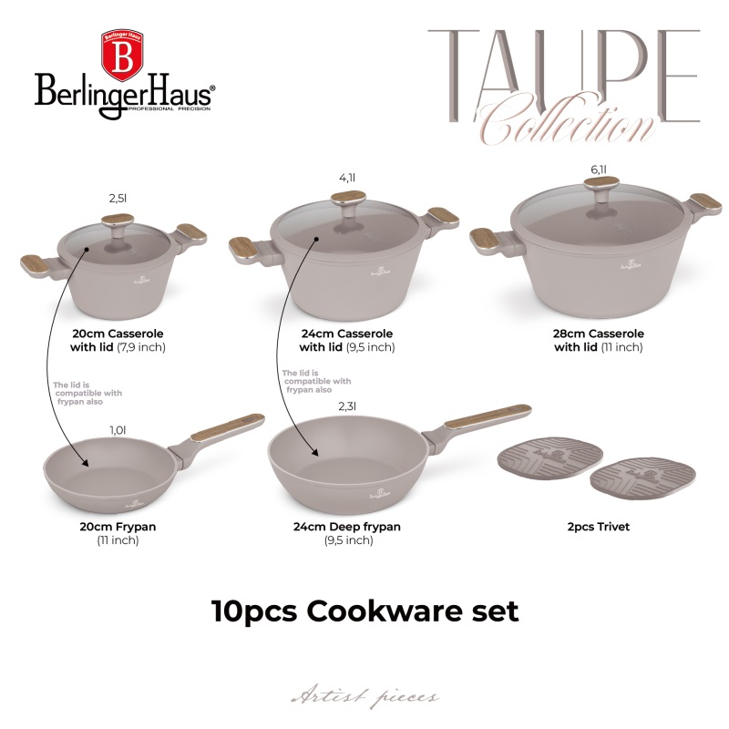 BERLINGERHAUS Sada nádobí s titanovým povrchem 10 ks Taupe Nordic Collection BH-8343