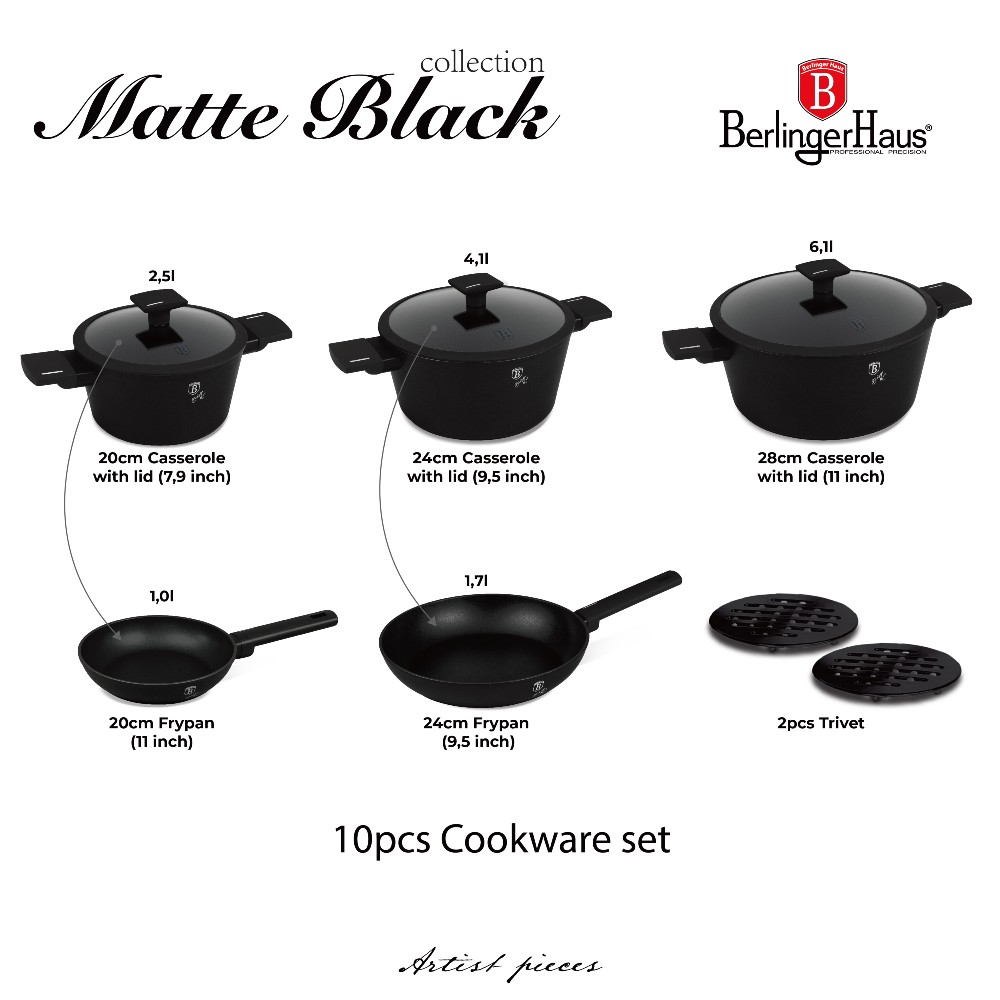 BERLINGERHAUS Sada nádobí s titanovým povrchem 10 ks Matte Black Collection BH-8197