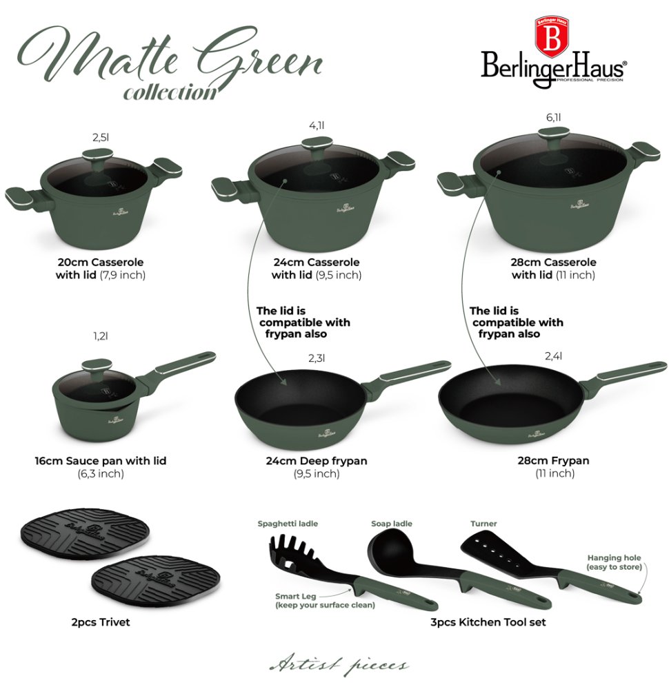 BERLINGERHAUS Sada nádobí s titanovým povrchem 15 ks Matte Green Collection BH-8208