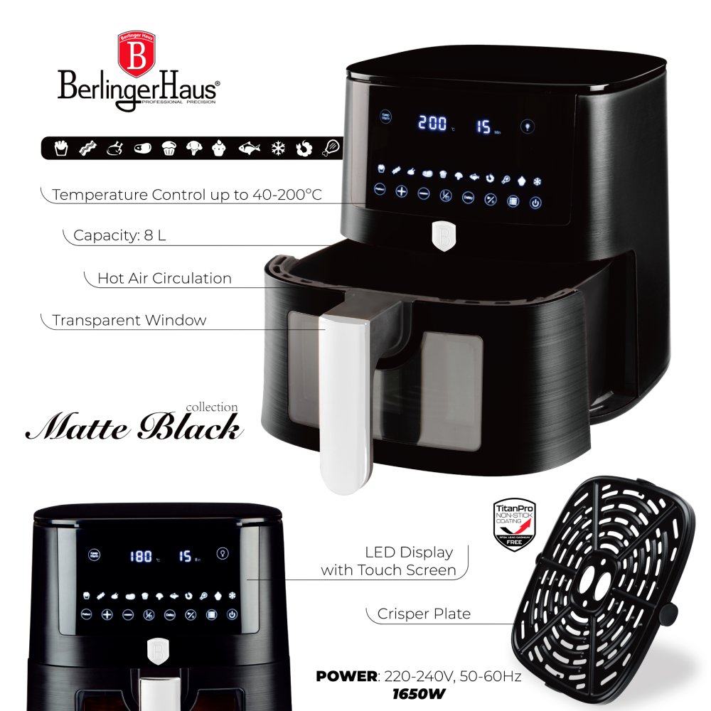 BERLINGERHAUS Horkovzdušná fritéza 8 l Matte Black Collection BH-9605