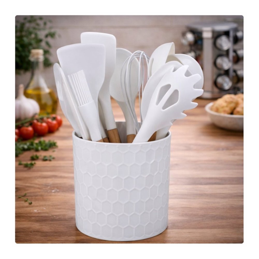 ALPINA Kuchyňské náčiní s bambusovou rukojetí ve stojanu 12 ks 32 cm bílá ED-233245