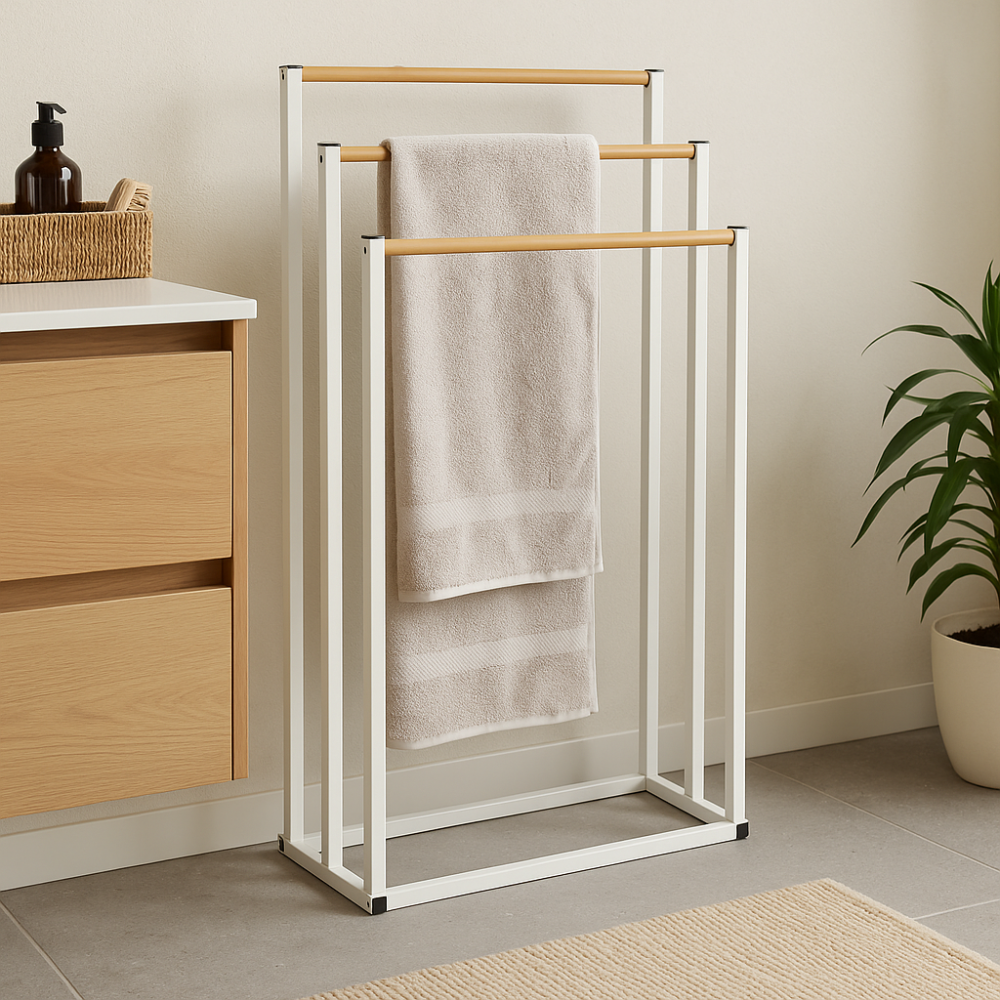 BATHROOM SOLUTIONS Věšák na ručníky kovový bílý s bambusem KO-C80653870