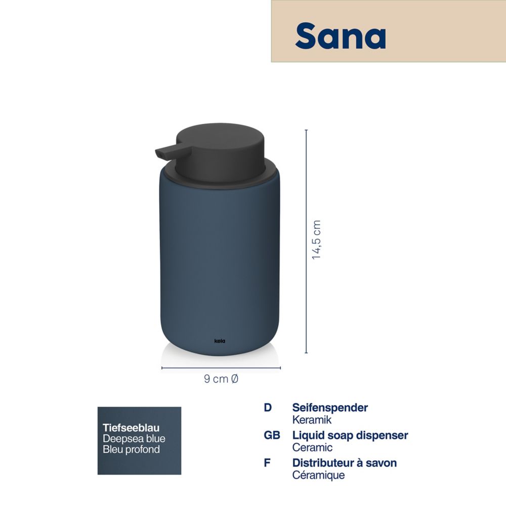 KELA Dávkovač mýdla Sana keramický 14,5 cm 9 cm 300 ml tmavě modrá KL-24526