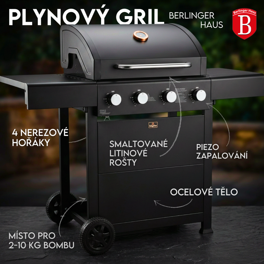 Plynový gril na zahradu Berlinger Haus 4 hořáky s velkou grilovací plochou a víkem s teploměrem