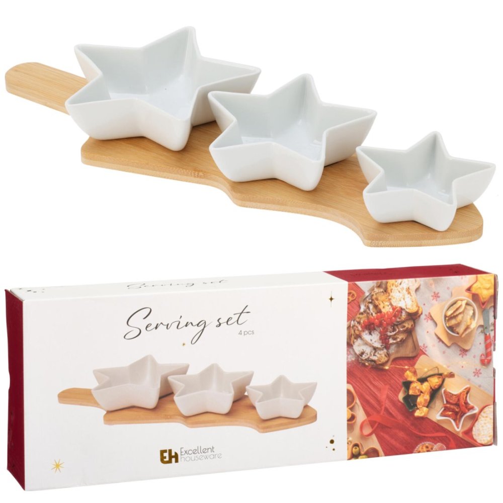 EXCELLENT HOUSEWARE Sada servírovacích misek na prkénku 4 ks hvězda bílá KO-210001220
