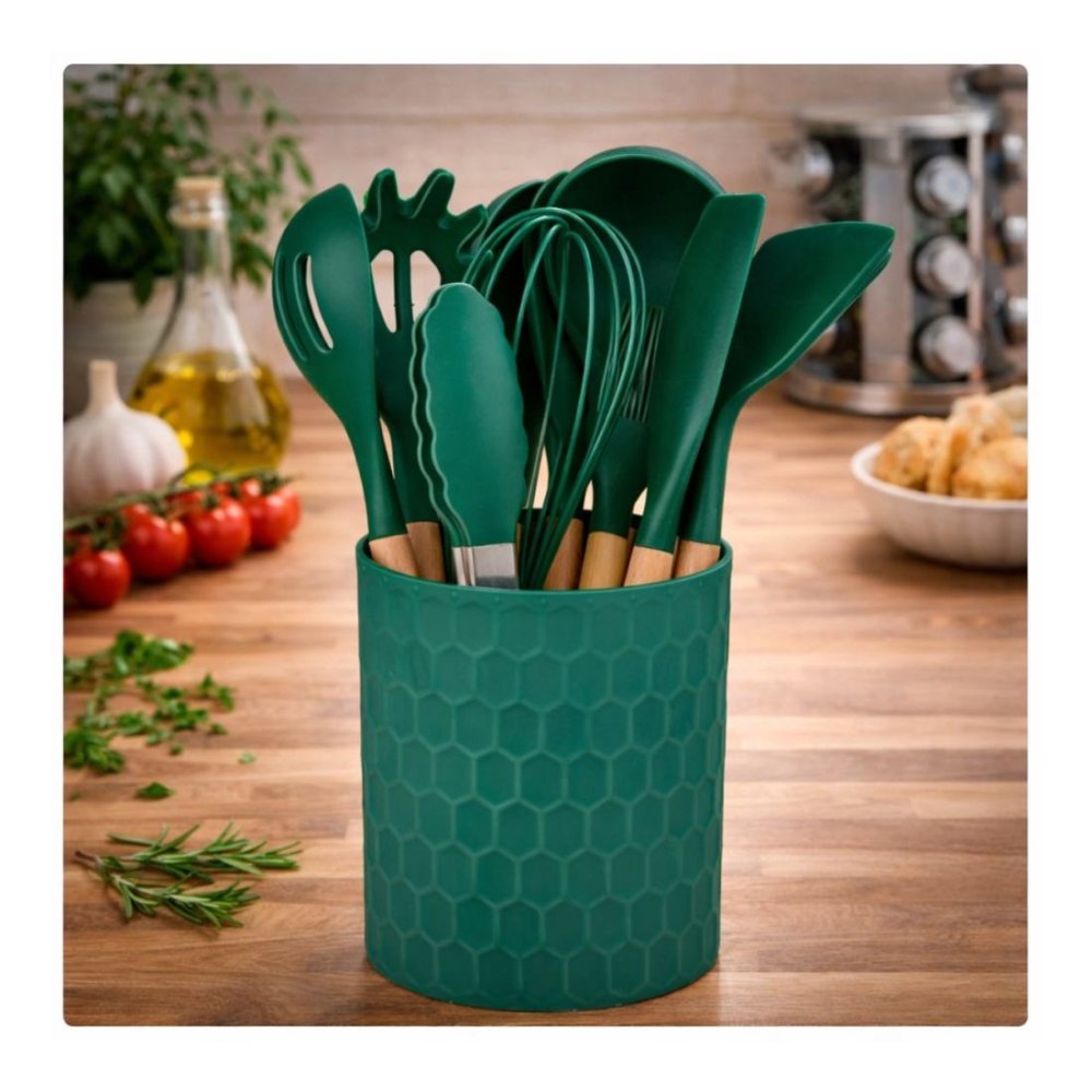 ALPINA Kuchyňské náčiní s bambusovou rukojetí ve stojanu 12 ks 32 cm mátově zelená ED-233242