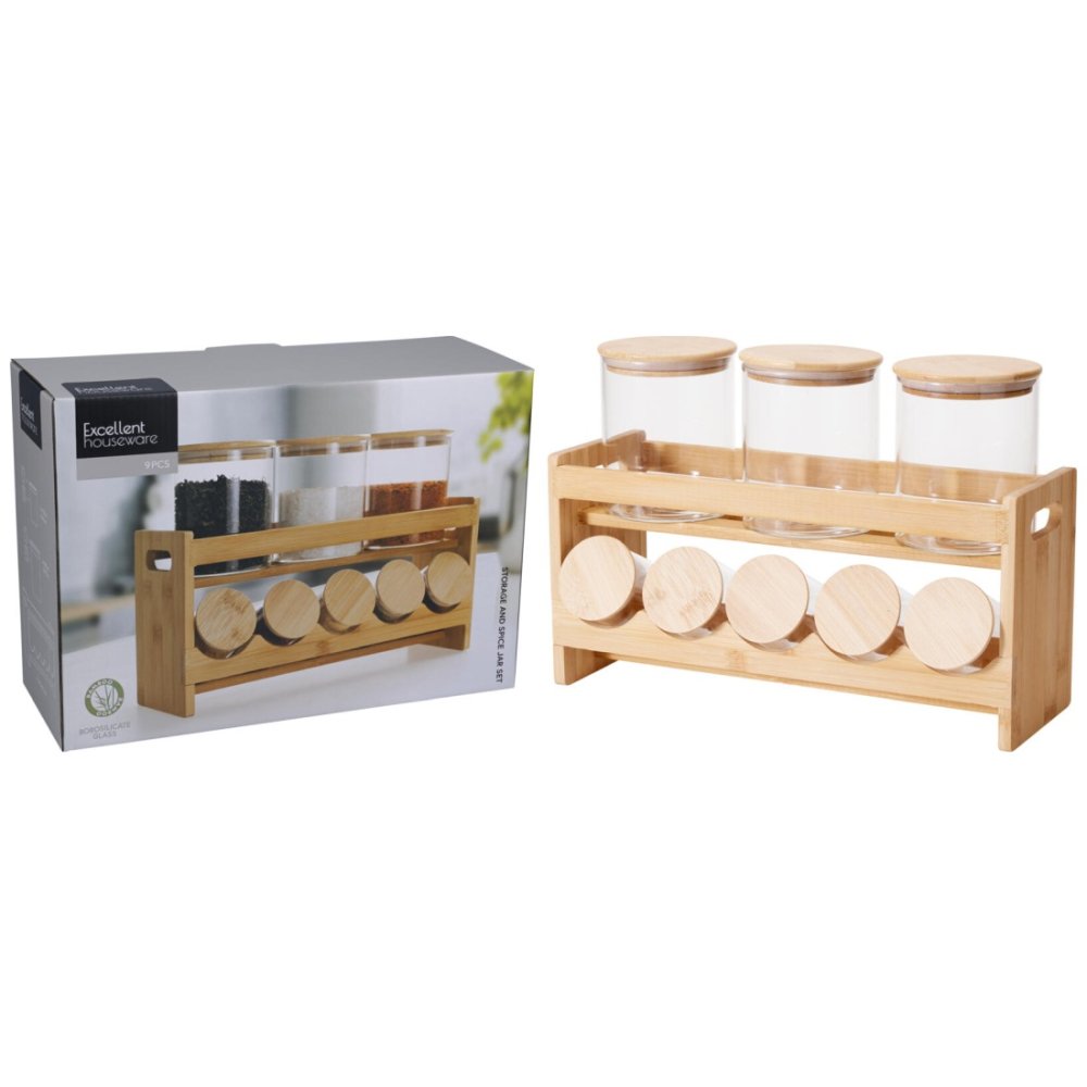 EXCELLENT HOUSEWARE Dóza skleněná v dřevěném stojanu sada 9 ks KO-CD4000660